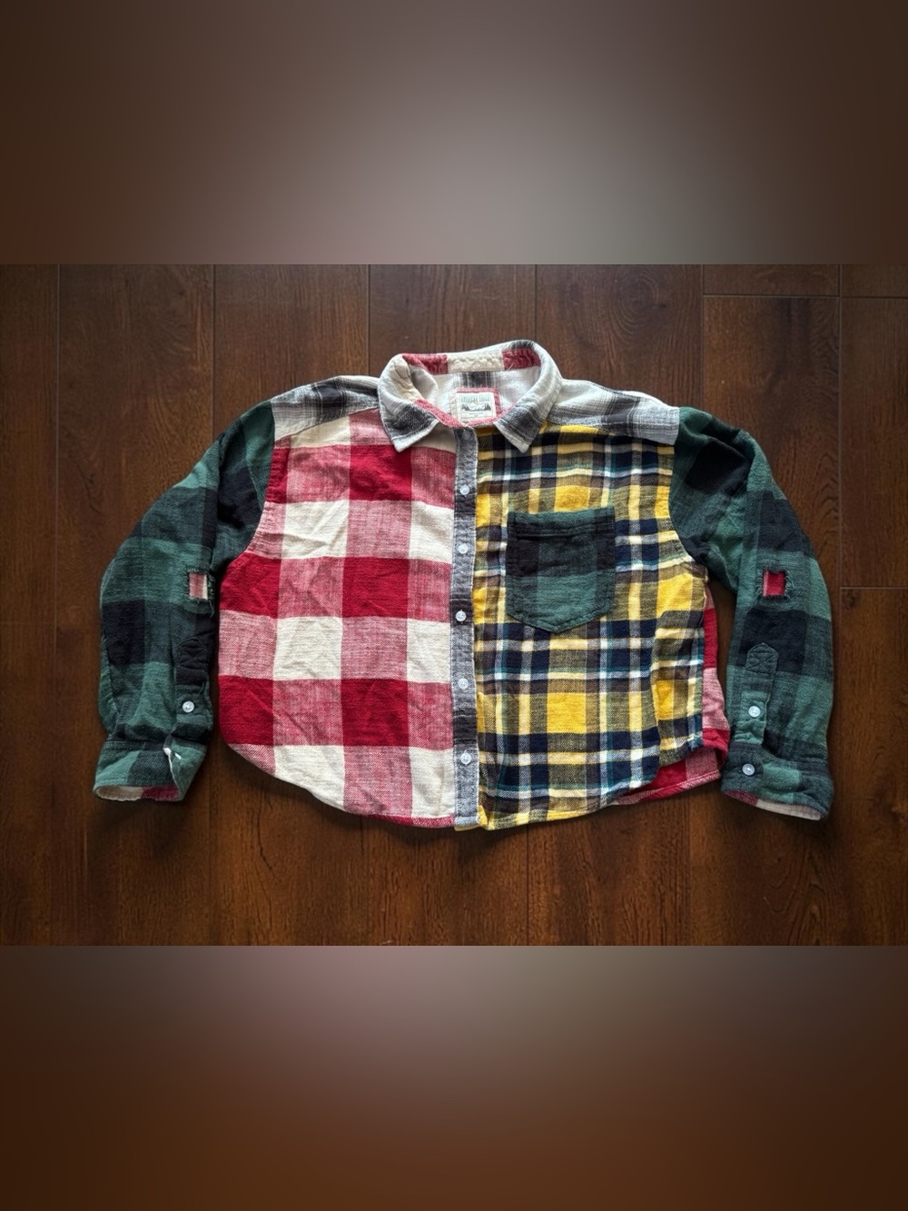American Eagle Womens Large Patchwork Plaid Flannel Shirt Multicolor Button Up